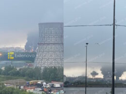 The image shows fire and smoke emanating from a St. Petersburg-area maritime petroleum products transshipment terminal. Source: OSINT Telegram channel Exilenova+