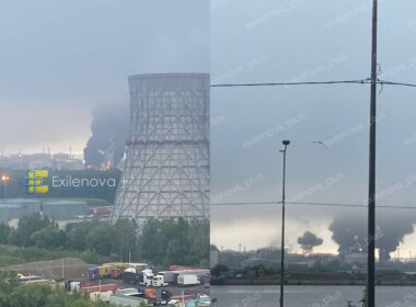 The image shows fire and smoke emanating from a St. Petersburg-area maritime petroleum products transshipment terminal. Source: OSINT Telegram channel Exilenova+