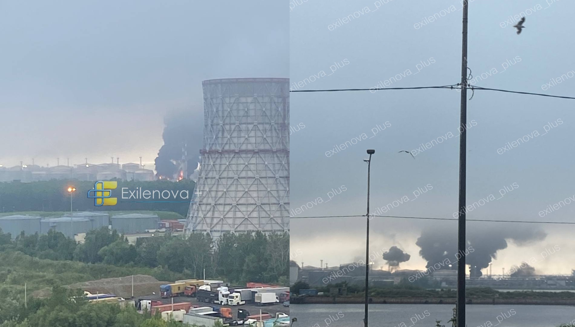 The image shows fire and smoke emanating from a St. Petersburg-area maritime petroleum products transshipment terminal. Source: OSINT Telegram channel Exilenova+