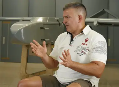 ukraine's top missile designer modern war won whoever experiments weapons faster · post fire point co-founder chief denys shtilerman during interview fp-1 drone behind liganet video денис штілерман фото скриншот