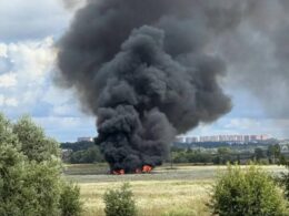 russia's su-57 newest stealth fighter crashes near moscow—and suspects russian air defenders · post crash site military aircraft reported odintsovo district moscow oblast 23 2026 місце падіння літака у московській