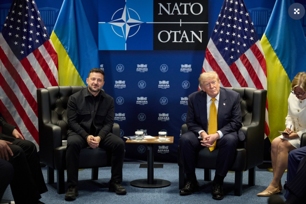 The image shows Ukrainian President Volodymyr Zelenskyy during a meeting with US President Donald Trump at the NATO summit in Ankara, Türkiye, on 8 July 2026. Source: NATO