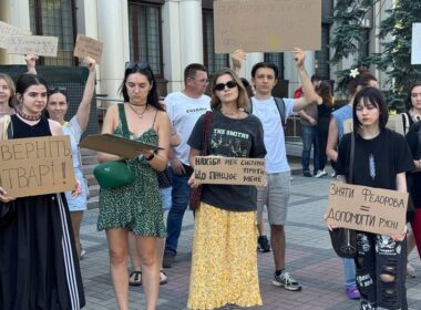 cardboard protests against zelenskyy's firing fedorov erupt across ukraine · post residents rally dismissal defense minister mykhailo dnipro 16 2026 signs read bring [him] back animals why do need system