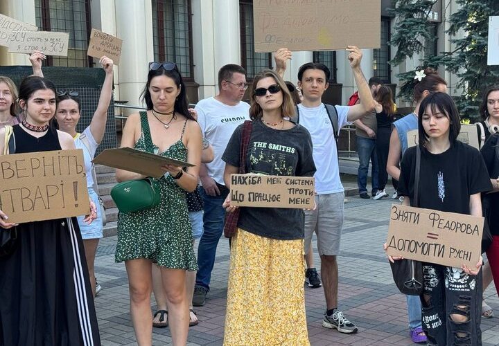 cardboard protests against zelenskyy's firing fedorov erupt across ukraine · post residents rally dismissal defense minister mykhailo dnipro 16 2026 signs read bring [him] back animals why do need system