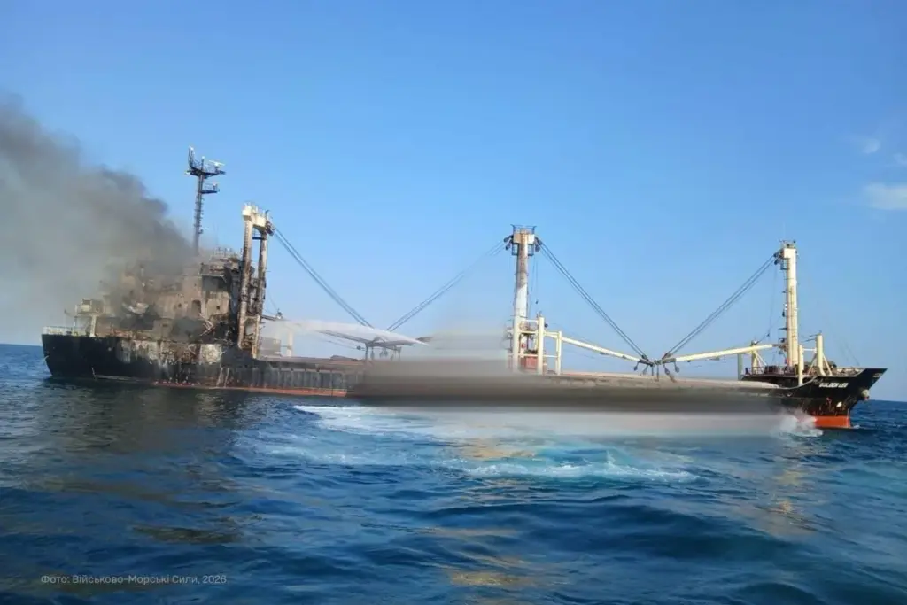 A damaged cargo ship burns at sea as thick black smoke rises from its stern and water sprays across the vessel.