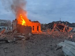 The aftermath of the destruction following one of the strikes in Sloviansk
