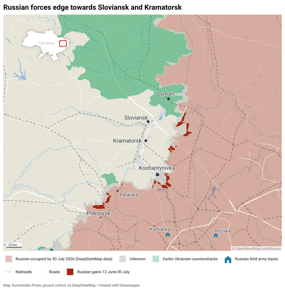 Russian encroachment on Sloviansk and Kramatorsk, the last free cities in Donbas. Map by Euromaidan Press