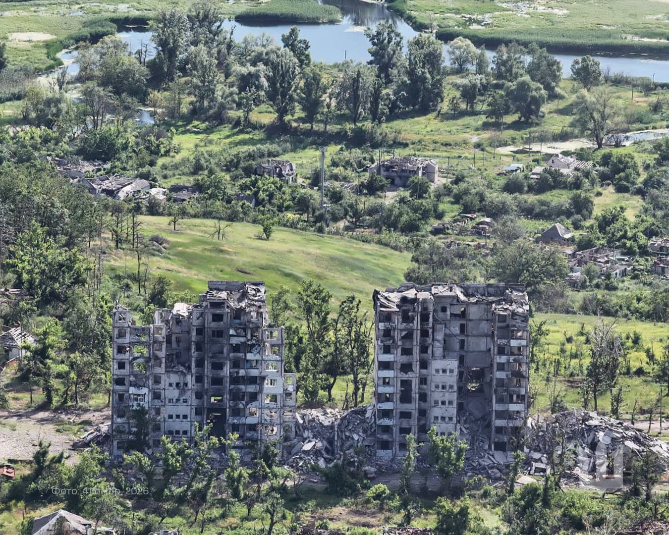 Aerial photo of Kupiansk in Ukraine’s Kharkiv Oblast, August 2026. Photo: 41st Separate Mechanized Brigade