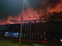 Flames and thick smoke rise from the roof of an Epicentr facility following a Russian missile attack on 5 August 2026.