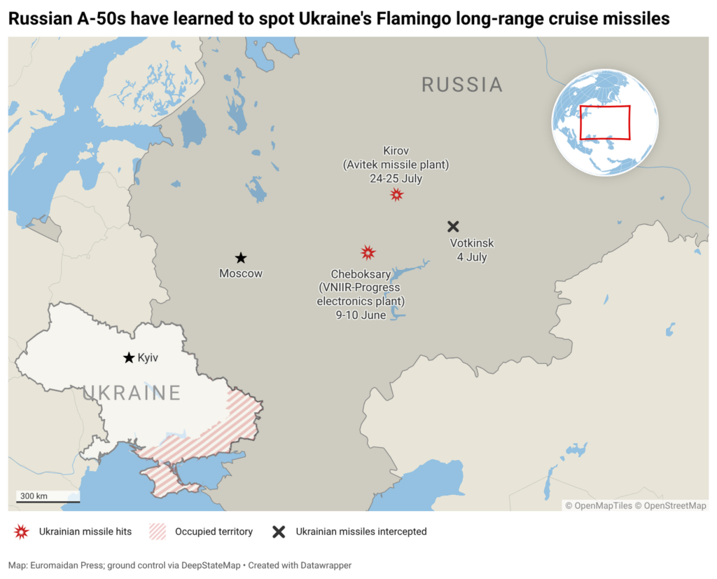 A map of locations where Ukraine has struck with long-range Flamingo missiles and where they were intercepted