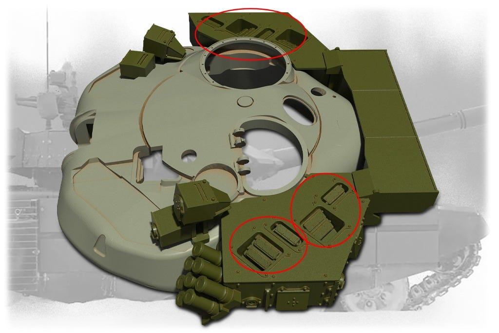 Diagram of the Russian Arena-M active protection system showing the projectile launchers ringed around a tank turret