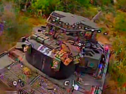 An Arena-M tank right before a drone strike.