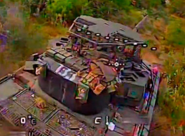 An Arena-M tank right before a drone strike.