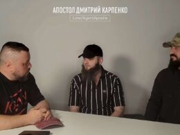 Former Akhmat fighter Magomed, center, speaks with journalist Dmytro Karpenko, left, and another man during a video interview.