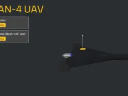 Diagram of a black Geran-4 jet-powered UAV with callouts identifying its tracker and Svekla electronic unit.