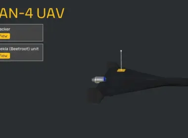 3D model of a Russian Geran-4 jet-powered attack drone, shown from above with its tracker and navigation unit listed beside it.