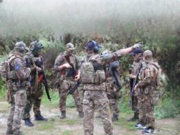 Chechen volunteers fighting on Ukraine’s side during training.