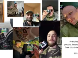 Ukrainian servicemembers pose with film cameras used to document their lives at the front. 2025. Collage: Serhii Melnitchenko