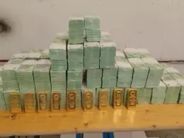 Stacks of bundled banknotes and nine gold bars arranged on a wooden table.