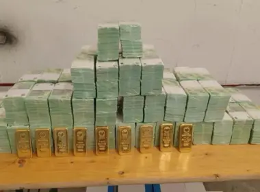 Stacks of bundled banknotes and nine gold bars arranged on a wooden table.