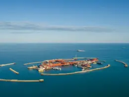 Aerial view of Kazakhstan’s Kashagan offshore oil field, surrounded by breakwaters in the Caspian Sea.
