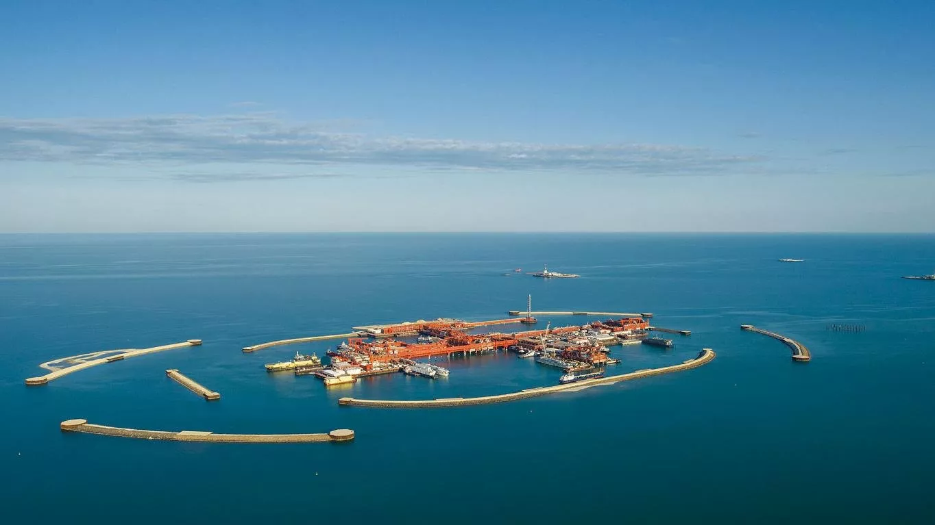 Aerial view of Kazakhstan’s Kashagan offshore oil field, surrounded by breakwaters in the Caspian Sea.