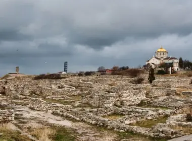 Ruins of ancient Chersonesus Taurica in occupied Crimea, with St. Vladimir’s Cathedral in the background.