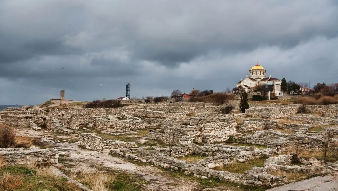 Ruins of ancient Chersonesus Taurica in occupied Crimea, with St. Vladimir’s Cathedral in the background.