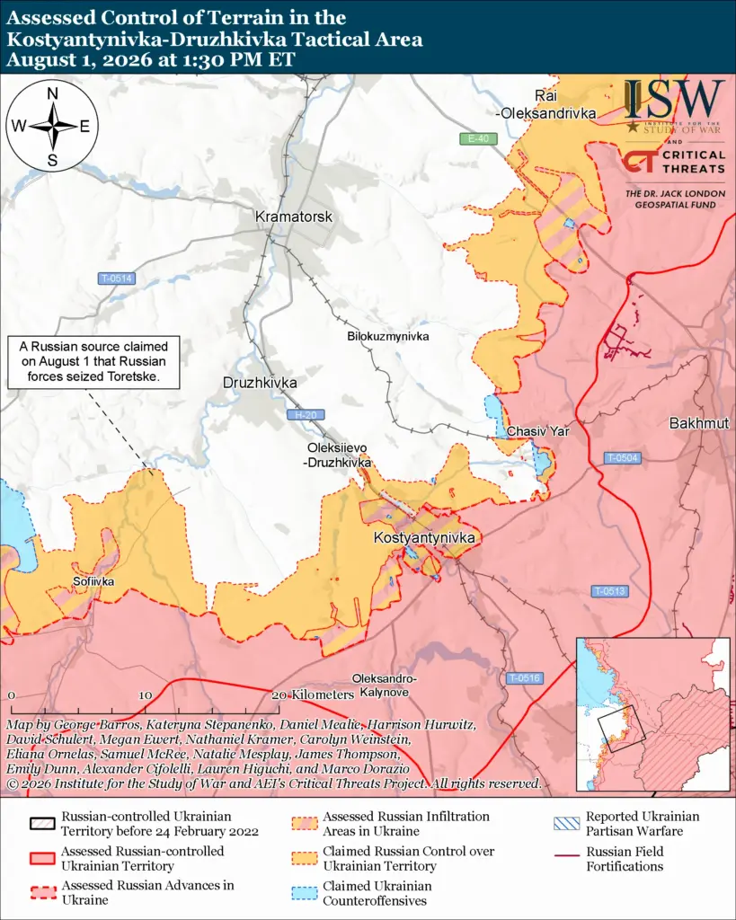 isw russia's long push toward sloviansk gains ground ukraine counterattacks · post kostyantynivka-druzhkivka-tactical-area-august-1-2026 news ukrainian reports