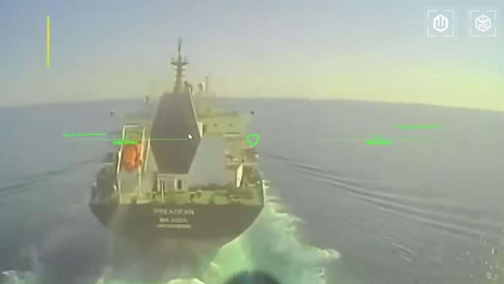 Russian shadow fleet vessel struck by a drone operated by the Unmanned Systems Forces of the Armed Forces of Ukraine. Photo: Screenshot from a video by Robert “Madyar” Brovdi