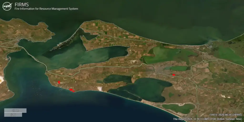 Taman Peninsula with FIRMS data showing 20 August  Ukrainian strikes
