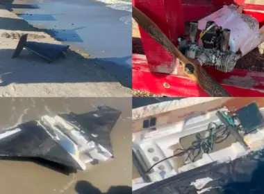 Four-image collage showing drone wreckage found on Romania’s coast and in nearby waters, including wing fragments, an engine and propeller, and exposed electronics.