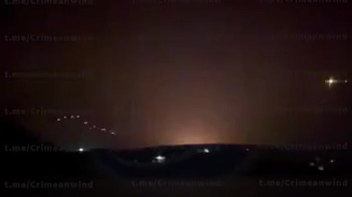 Drones filmed near the Tavriiska thermal power plant in Simferopol on the night of 21 August 2026. Screenshot from video shared by Crimean Wind TG channel
