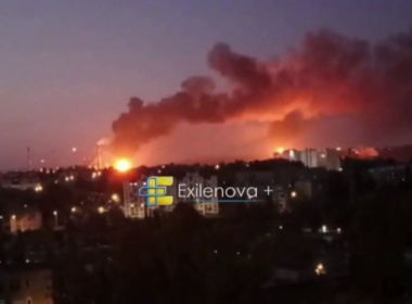 Flames at Russia's Saratov Oil Refinery after reported Ukrainian drone strike, 2 August 2026. Screenshot from video: Exilenova+