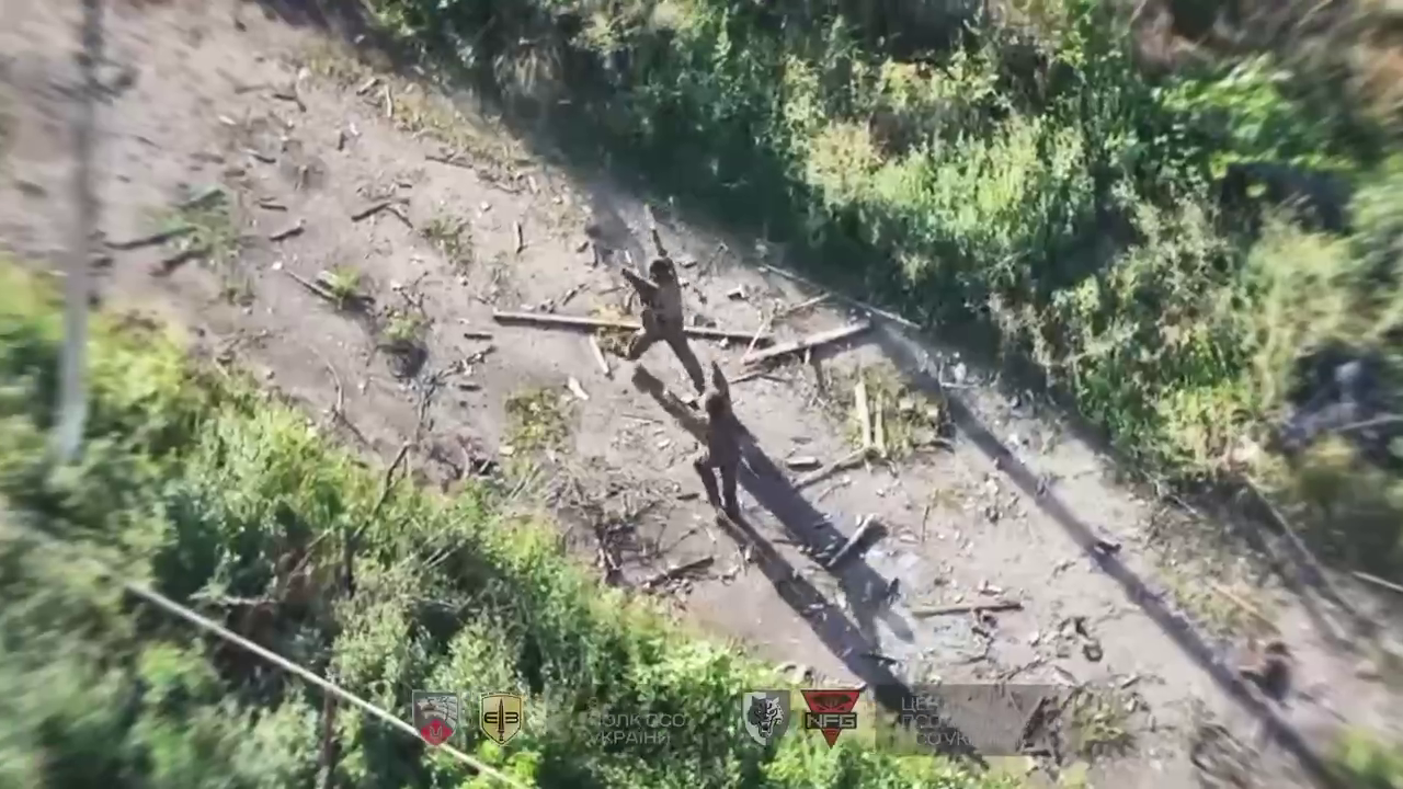 Russian soldiers surrendering in Andriivka-Klevtsove, Donetsk Oblast, Ukraine, as Ukrainian forces retook the settlement, August 2026. Screenshot from video: Ukrainian Special Operations Forces