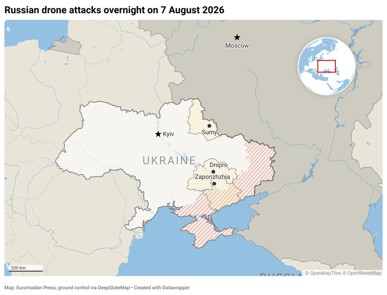 Russian drone attacks overnight on 7 August 2026/Euromaidan Press map