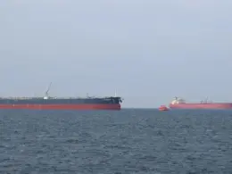 Two oil tankers and several support vessels at the Caspian Pipeline Consortium terminal near Novorossiysk.