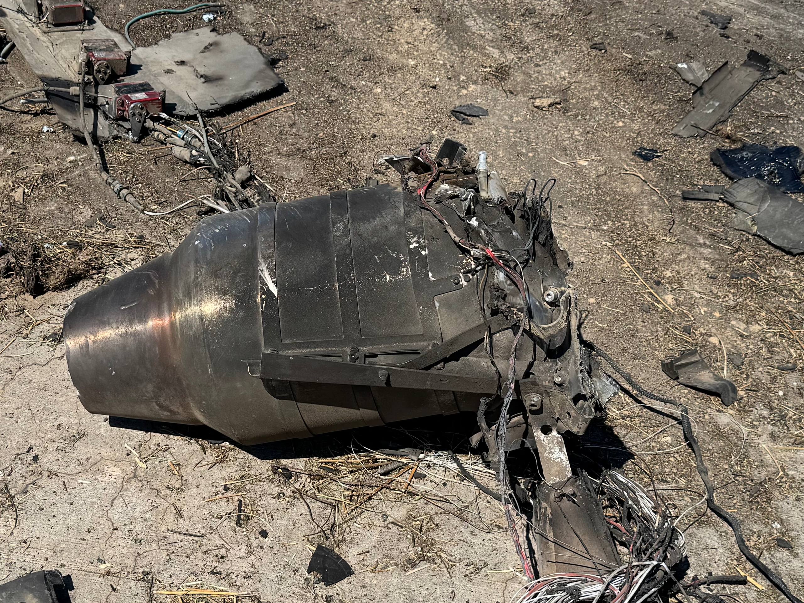 The image shows a fragment of a Russian drone Geran-4 in Kyiv Oblast. Source: Serhii