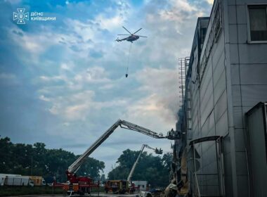 A Ukrainian helicopter is seen at the site of Russia's ballistic missile impact on 5 August 2026, in Kyiv Oblast. Source: State Emergency Service of Kyiv Oblast