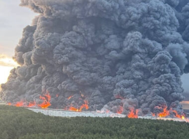 Wildberries warehouse burning in Russia's Koledino following a Ukrainian drone strike, 16 August 2026. Photo: Exilenova+