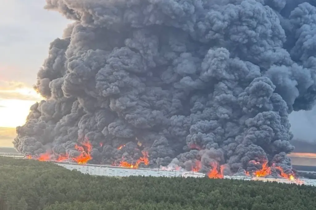 Fire burning at Wildberries warehouse in Koledino, Russia.