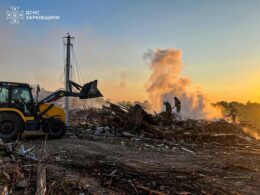 Emergency workers respond to the aftermath of a Russian drone attack in Lebiazhe, Kharkiv Oblast, Ukraine, 21 August 2026. Photo: Ukraine’s State Emergency Service