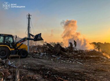 Emergency workers respond to the aftermath of a Russian drone attack in Lebiazhe, Kharkiv Oblast, Ukraine, 21 August 2026. Photo: Ukraine’s State Emergency Service