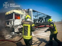 Ukrainian firefighters are extinguishing fire that errupted after a Russian ballistic missile attack on Kyiv Oblast on 22 August 2026. Source: The State Emergency Service