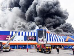 Fire at a shopping center in Zaporizhzhia, Ukraine, following a Russian drone strike on 28 August 2026. Photo: Ukraine’s State Emergency Service