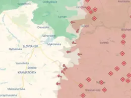 Map of the Lyman front in northern Donetsk Oblast, with arrows showing Russian advances westward toward Lyman, Sloviansk, and Kramatorsk.