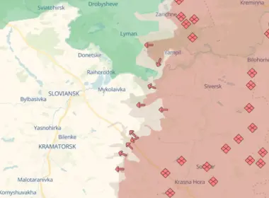 Map of the Lyman front in northern Donetsk Oblast, with arrows showing Russian advances westward toward Lyman, Sloviansk, and Kramatorsk.