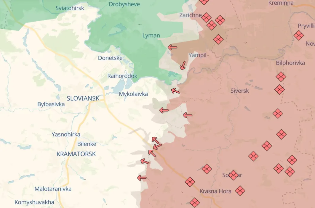 Map of the Lyman front in northern Donetsk Oblast, with arrows showing Russian advances westward toward Lyman, Sloviansk, and Kramatorsk.