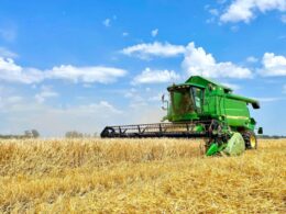 A green combine harvester cuts wheat beneath a blue, partly cloudy sky.