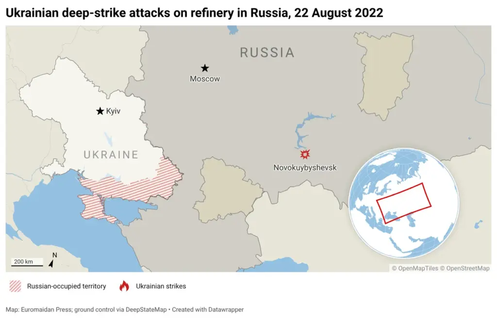 Map of Ukrainian strike on Novokuybyshevsk